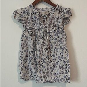 LOFT Blue & White Floral Ruffle Sleeve Top